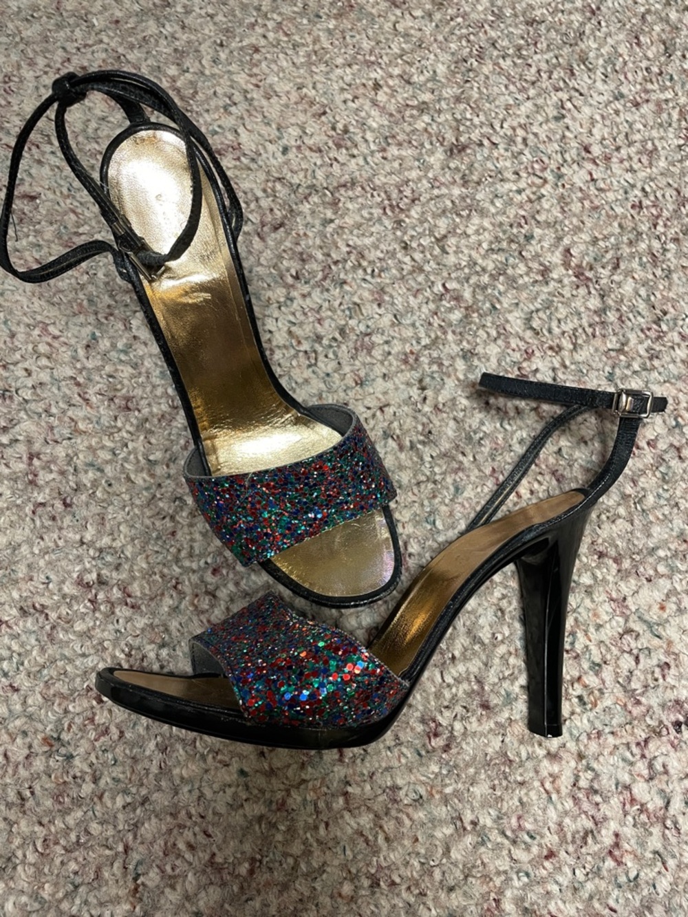 Vintage 70s Black leather High Heel Sandals with Glitter front and ankle Straps